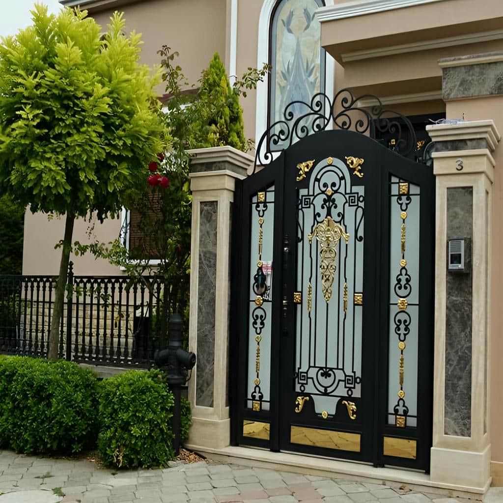 خرید درب پارکینگ برش لیزری طرح هندسی هماهنگ با نما در مشهد