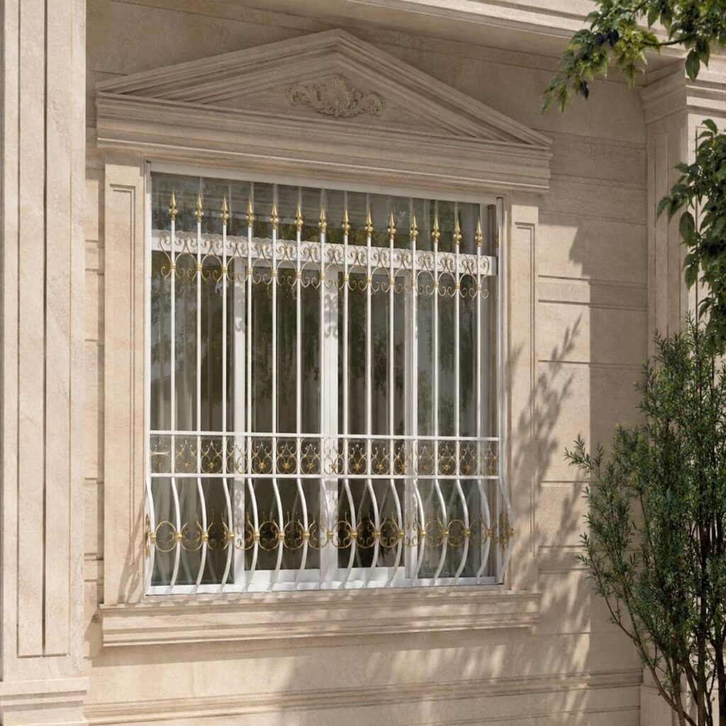 مدل فرفورژه حفاظ پنجره قوسی کتیبه دار برای نمای کلاسیک در مشهد